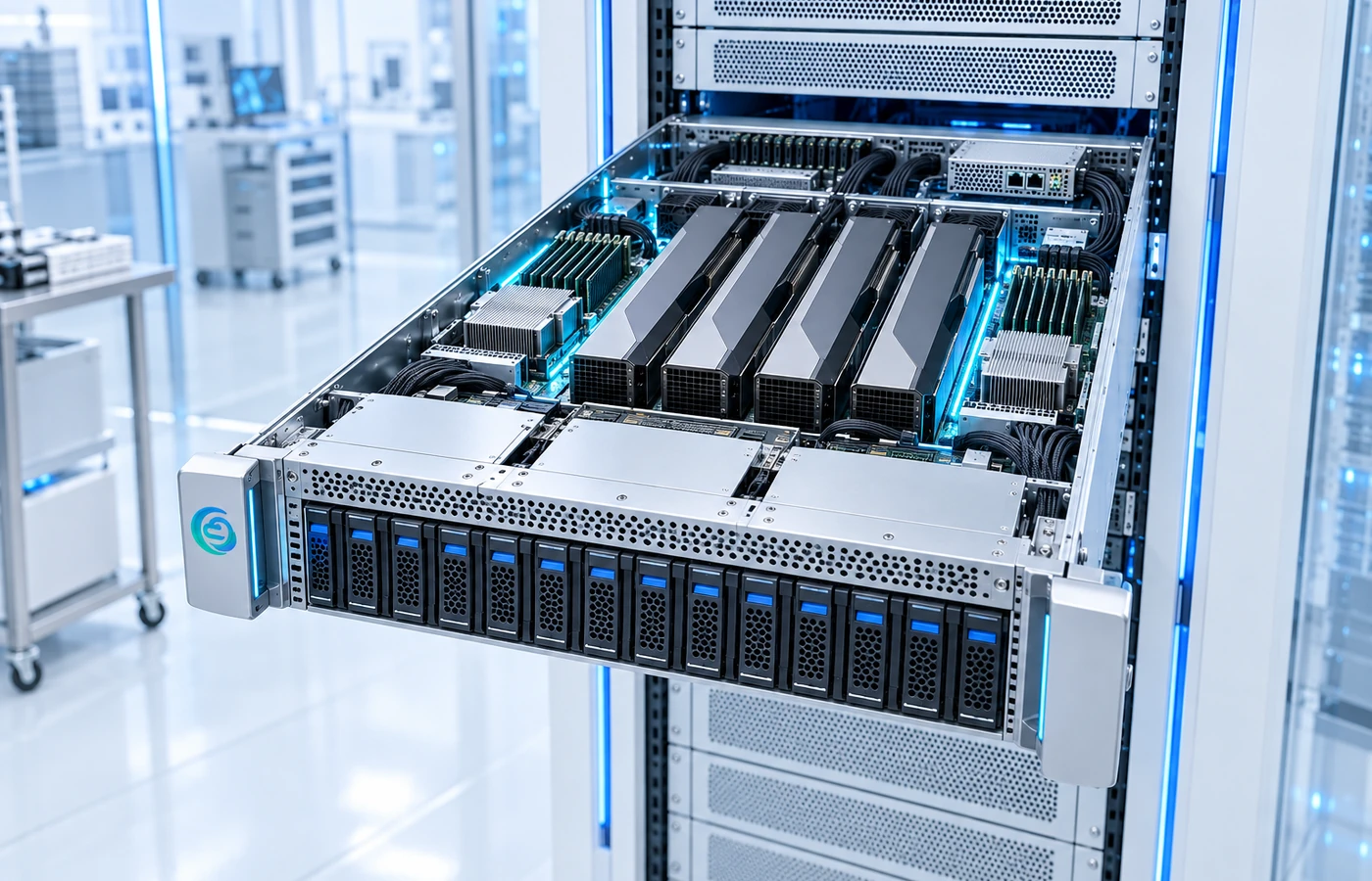带啸月网络机箱徽标的蓝白 GPU 服务器内部硬件结构