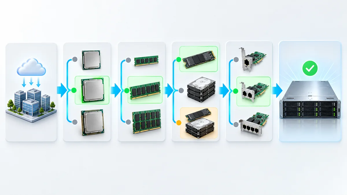 物理服务器配置应根据业务负载依次选择CPU、内存、存储和网络